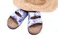 Purple Double Strap Sandals with a colorful print on the faux leather straps, with a soft micro suede foot bed and cork