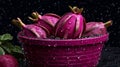 Purple Dragon Fruit In Pink Bowl With Rain Drops: A Joel Robison-inspired Constructed Photography Royalty Free Stock Photo