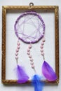 Purple dream catcher on white background. Dreamcatcher decoration accessory for bedroom, closeup photo. Workshop, hobby,