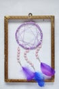 Purple dream catcher on white background. Dreamcatcher decoration accessory for bedroom, closeup photo. Workshop, hobby,