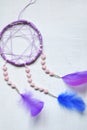 Purple dream catcher on white background. Dreamcatcher decoration accessory for bedroom, closeup photo. Workshop, hobby,