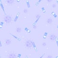 Purple dreamy seamless pattern with syringes and ampules