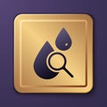 Purple Drop and magnifying glass icon isolated on purple background. Gold square button. Vector Royalty Free Stock Photo