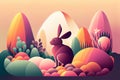 Purple easter bunny with abstract easter eggs cartoon style illustration. Generative AI.