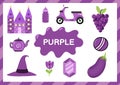 Purple. Educational worksheet for kids. Learning the color purple set Royalty Free Stock Photo