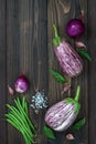 Purple eggplant, garlic and basil leaves from above on the old wooden board with free text space. Fresh harvest from the garden. T Royalty Free Stock Photo