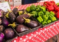 Purple eggplants and red and green peppers on table covered with a red and white polkadot tablecloth