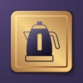 Purple Electric kettle icon isolated on purple background. Teapot icon. Gold square button. Vector