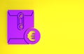 Purple Envelope with euro symbol icon isolated on yellow background. Salary increase, money payroll, compensation income