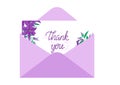 Purple envelope with lilac flowers and thank you note. Elegant gratitude concept with floral design vector illustration Royalty Free Stock Photo