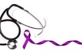 Purple epilepsy awareness ribbon with stethoscope and copy space on a white background. World epilepsy day