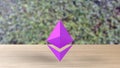 Purple Ethereum gold sign icon on wood table on leaves background. 3d render isolated illustration, cryptocurrency, crypto,
