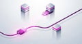 Purple ethernet cable connecting two white rectangular devices with pink trim on light grey textured background Royalty Free Stock Photo