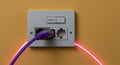 Purple Ethernet Cable Plugged Into Wall Jack With Red Light network internet Royalty Free Stock Photo