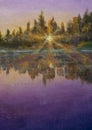 Purple evening morning on the river beautiful landscape painting