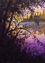 Purple evening morning on the river beautiful landscape painting