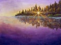 Purple evening morning on the river beautiful landscape painting