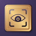 Purple Eye scan icon isolated on purple background. Scanning eye. Security check symbol. Cyber eye sign. Gold square