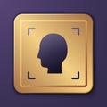 Purple Face recognition icon isolated on purple background. Face identification scanner icon. Facial id. Cyber security