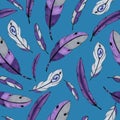 Purple feathers seamless pattern. colorful bird feathers repeating background for web and print purpose