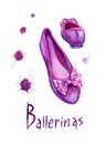 Purple female ballet flats, watercolor drawing