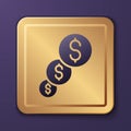 Purple Financial growth and dollar coin icon isolated on purple background. Increasing revenue. Gold square button Royalty Free Stock Photo