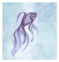 Purple Fish in blue water. Deep sea background. Digital painting