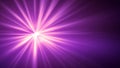 Purple flash light on dark background. Violet glowing light. Sun burst effect. Digital lens flare effect. Abstract