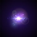 Purple Flash with rays and spotlight. Realistic light glare, high loth, star glow. Lens flare effect on black background. Royalty Free Stock Photo