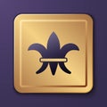 Purple Fleur De Lys icon isolated on purple background. Gold square button. Vector Royalty Free Stock Photo