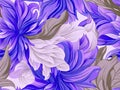 Purple floral pattern with orange and white flowers on background with leaves