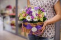 Purple flower bouquet composition in hands Royalty Free Stock Photo