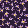 Purple flower pattern on a dark background, in the style art nouveau floral motifs. Quirky shapes, delicate composition.