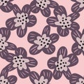 Purple flower silhouettes print seamless doodle pattern. SImple flora backdrop with pink background Royalty Free Stock Photo