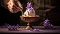 Purple flower in vase, homemade dessert on table generated by AI Royalty Free Stock Photo