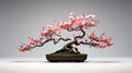 Minimalist Bonsai Tree With Cherry Blossoms On Grey Background