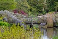 Purple flowered wisteria climbing over a bridge at RHS Wisley, flagship garden of the Royal Horticultural Society, Surrey, UK Royalty Free Stock Photo