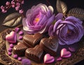 purple flowers, chocolate and hearts. valentine design. love and romantic Royalty Free Stock Photo