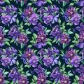 Purple flowers design. Clematis, leaves and bud watercolor hand drawing. Floral seamless pattern.