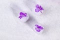 Purple flowers frozen in ice cubes on light gray background with copy space Royalty Free Stock Photo