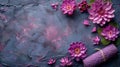 Purple Flowers and a Roll of Toilet Paper on a Blue Background Royalty Free Stock Photo