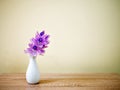Purple flowers in vase on the table,Purple-pink flower still life on texture background or wallpaper Common water hyacinth Eichhor Royalty Free Stock Photo