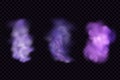 Realistic scary mystical clouds fog in night Halloween. Purple flows poisonous gas, dust and smoke effect.Vector set.