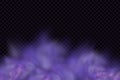 Realistic scary mystical clouds fog in night Halloween. Purple flows poisonous gas, dust and smoke effect.Vector set.