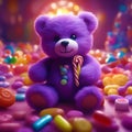 Purple fluffy teddy bear standing in a magical candy land generated by Ai