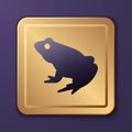 Purple Frog icon isolated on purple background. Animal symbol. Gold square button. Vector Royalty Free Stock Photo