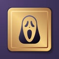 Purple Funny and scary ghost mask for Halloween icon isolated on purple background. Happy Halloween party. Gold square Royalty Free Stock Photo