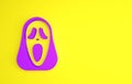 Purple Funny and scary ghost mask for Halloween icon isolated on yellow background. Happy Halloween party. Minimalism Royalty Free Stock Photo