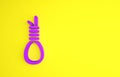 Purple Gallows rope loop hanging icon isolated on yellow background. Rope tied into noose. Suicide, hanging or lynching