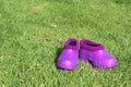 purple galoshes on bright green grass. garden shoes Royalty Free Stock Photo